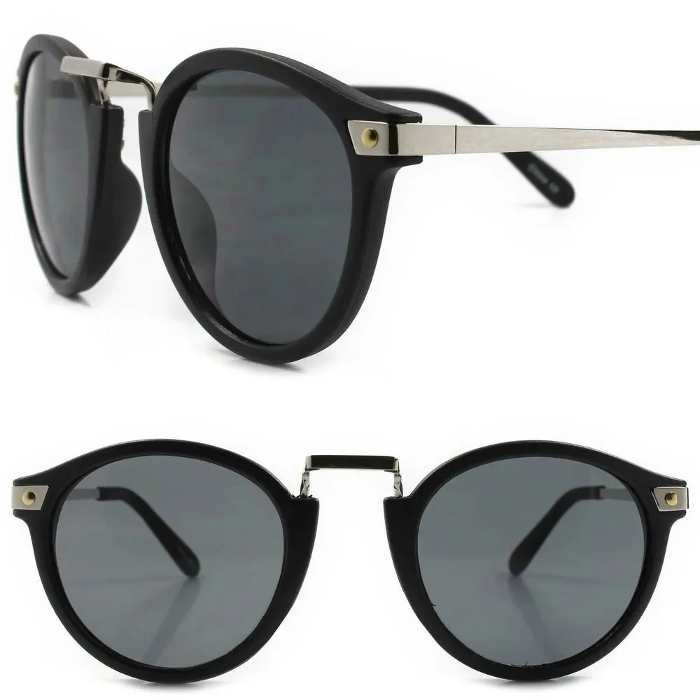 Hipster Vintage Retro 80s Style Mens Womens Matte Black Silver Round Sunglasses